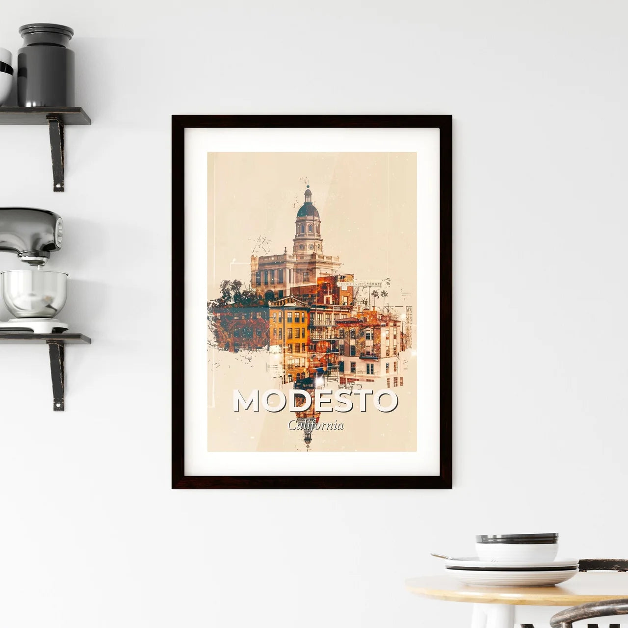 Modesto Skyline: Local Architecture Double Exposure Art Framed Print