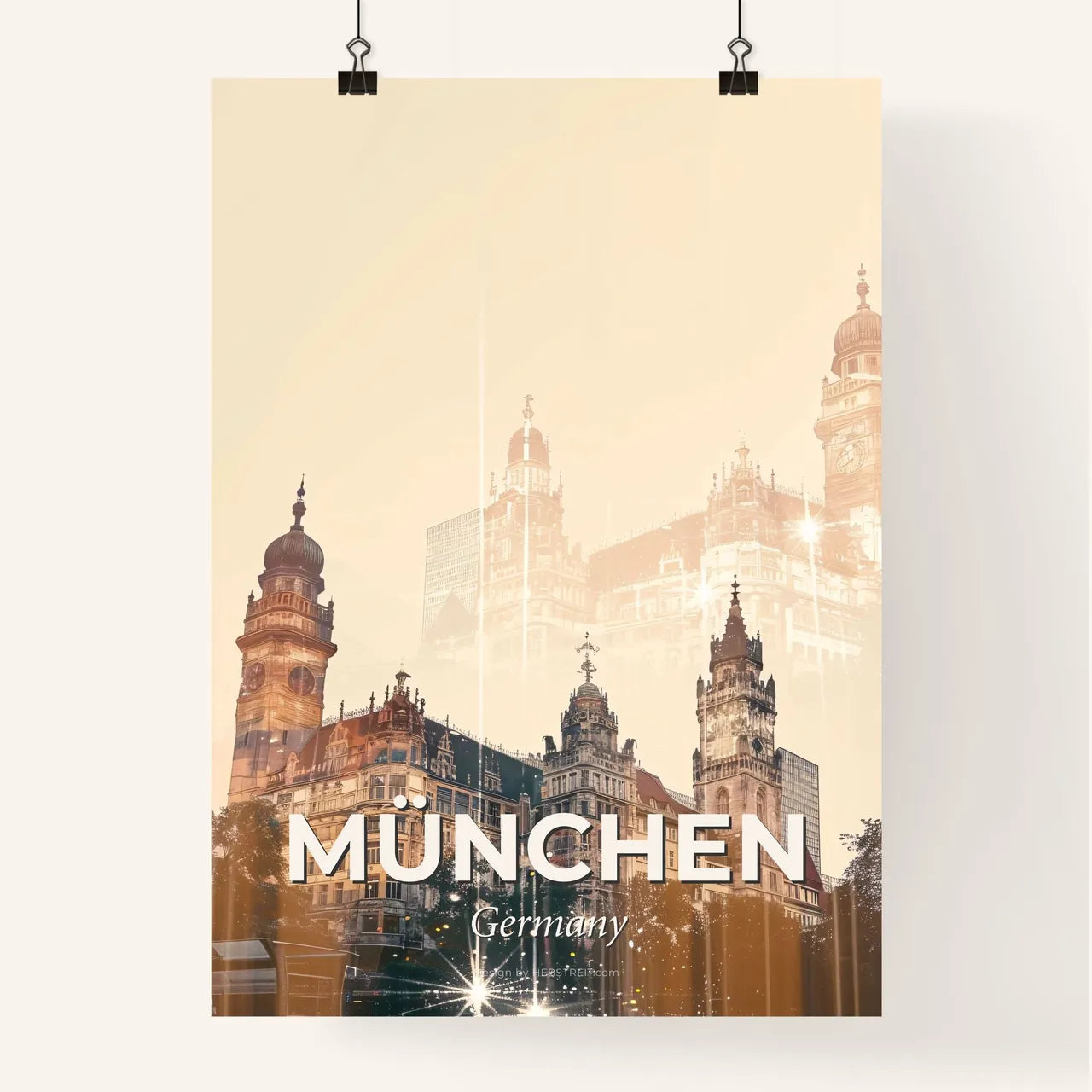 Munich Skyline Composite Art with Beige Paper Texture Poster