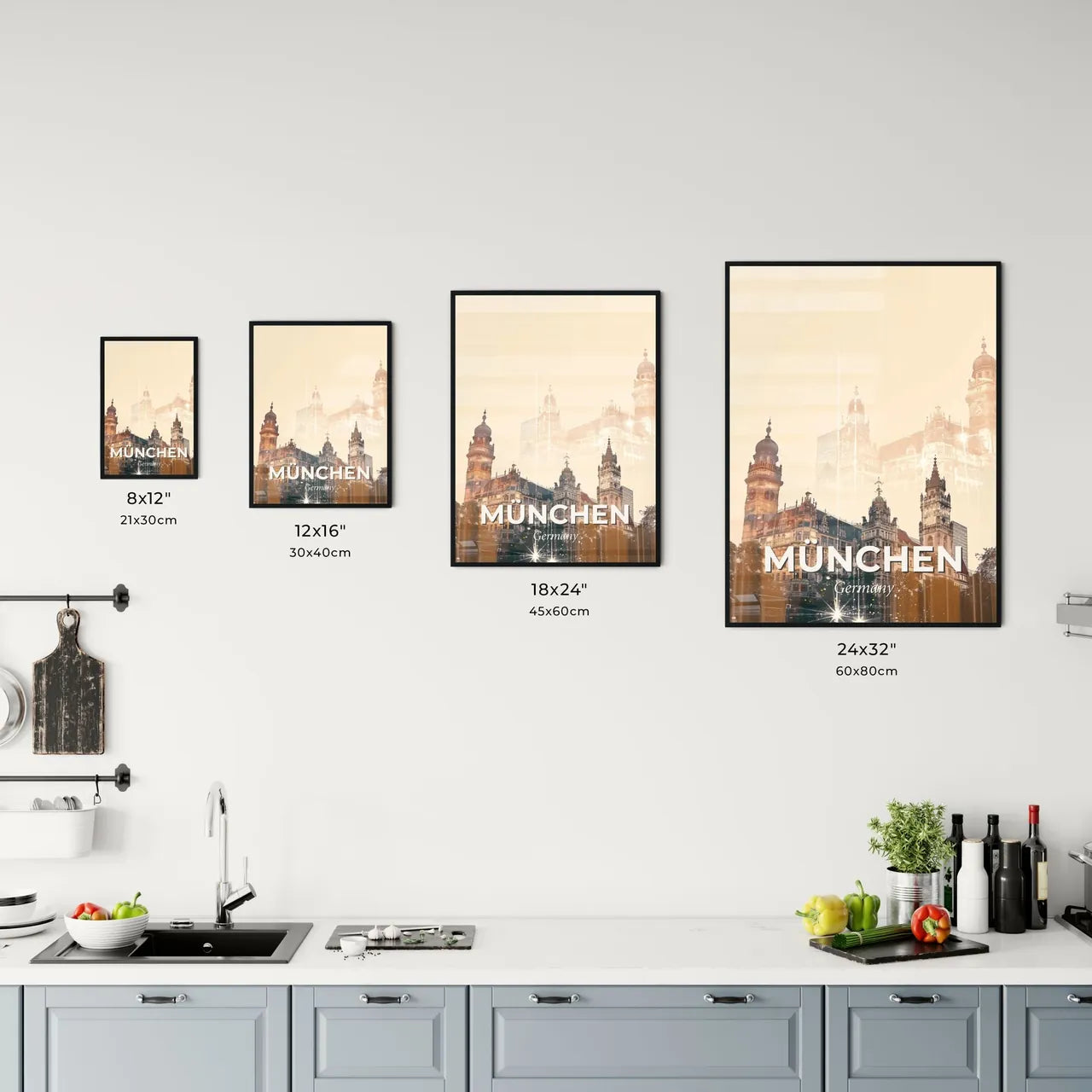 Munich Skyline Composite Art with Beige Paper Texture Office Art