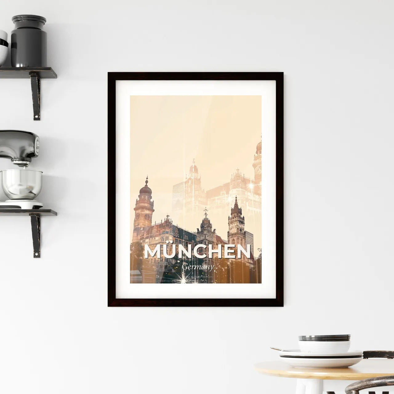 Munich Skyline Composite Art with Beige Paper Texture Framed Print