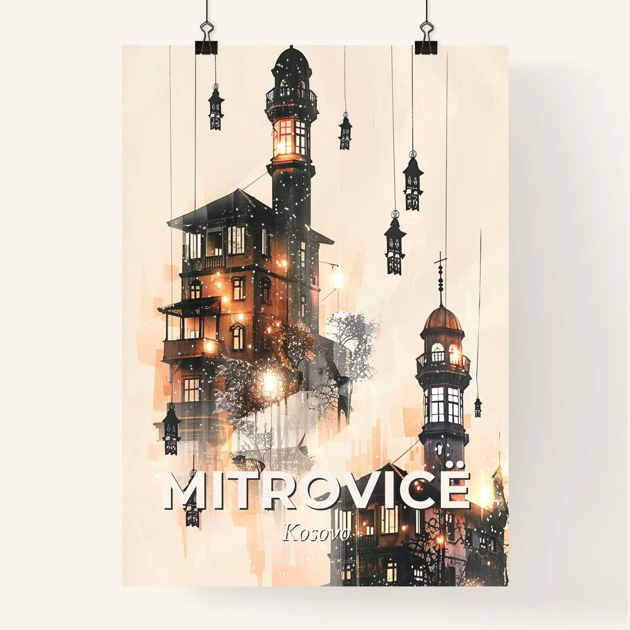 Mitrovica Skyline Art: Iconic Architecture, Beige Elegance Poster