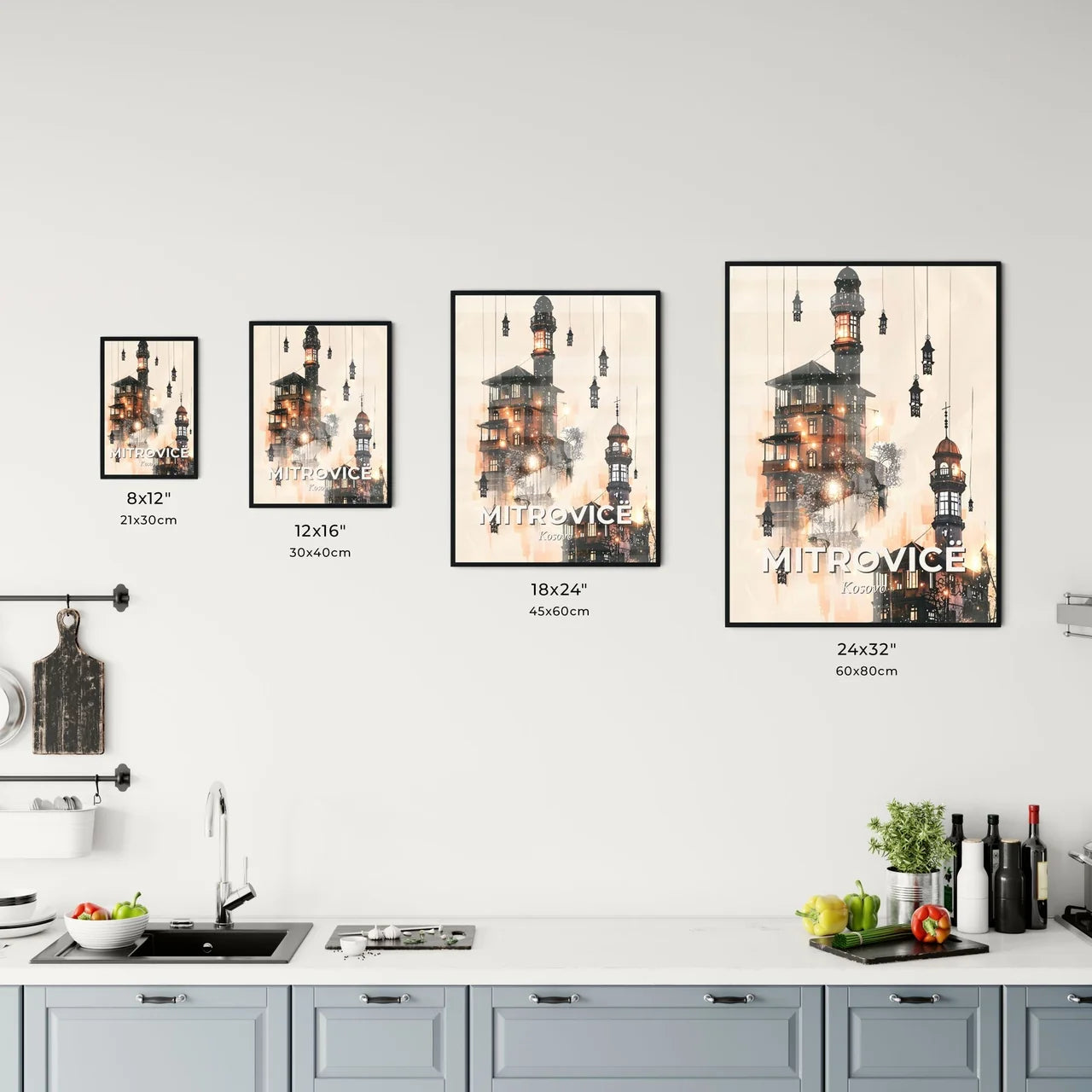 Mitrovica Skyline Art: Iconic Architecture, Beige Elegance Office Art