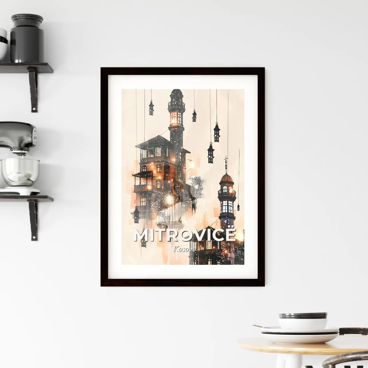 Mitrovica Skyline Art: Iconic Architecture, Beige Elegance Framed Print