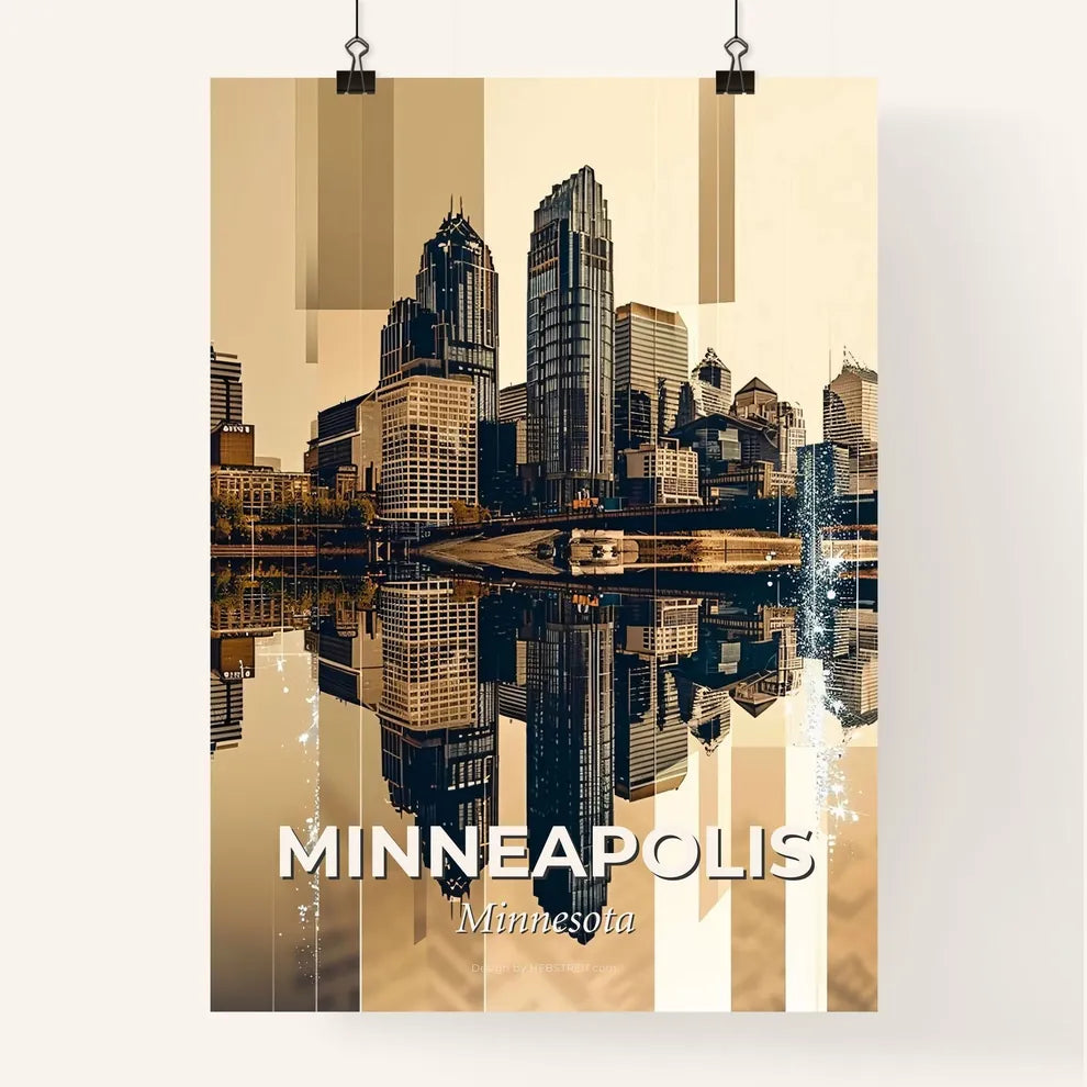 Minneapolis. Downtown Skyline by night. Bright beige background, sparkles. Poster