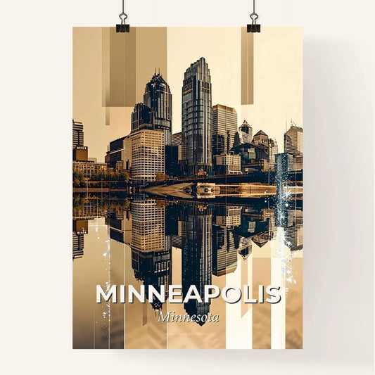 Minneapolis. Downtown Skyline by night. Bright beige background, sparkles. Poster