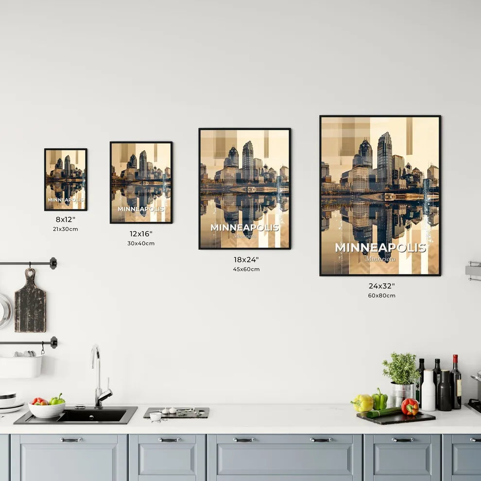 Minneapolis. Downtown Skyline by night. Bright beige background, sparkles. Office Art