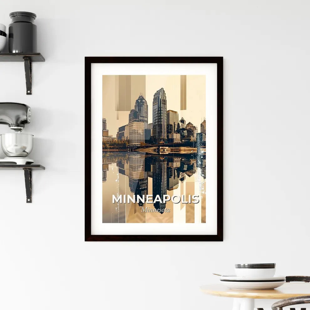 Minneapolis. Downtown Skyline by night. Bright beige background, sparkles. Framed Print