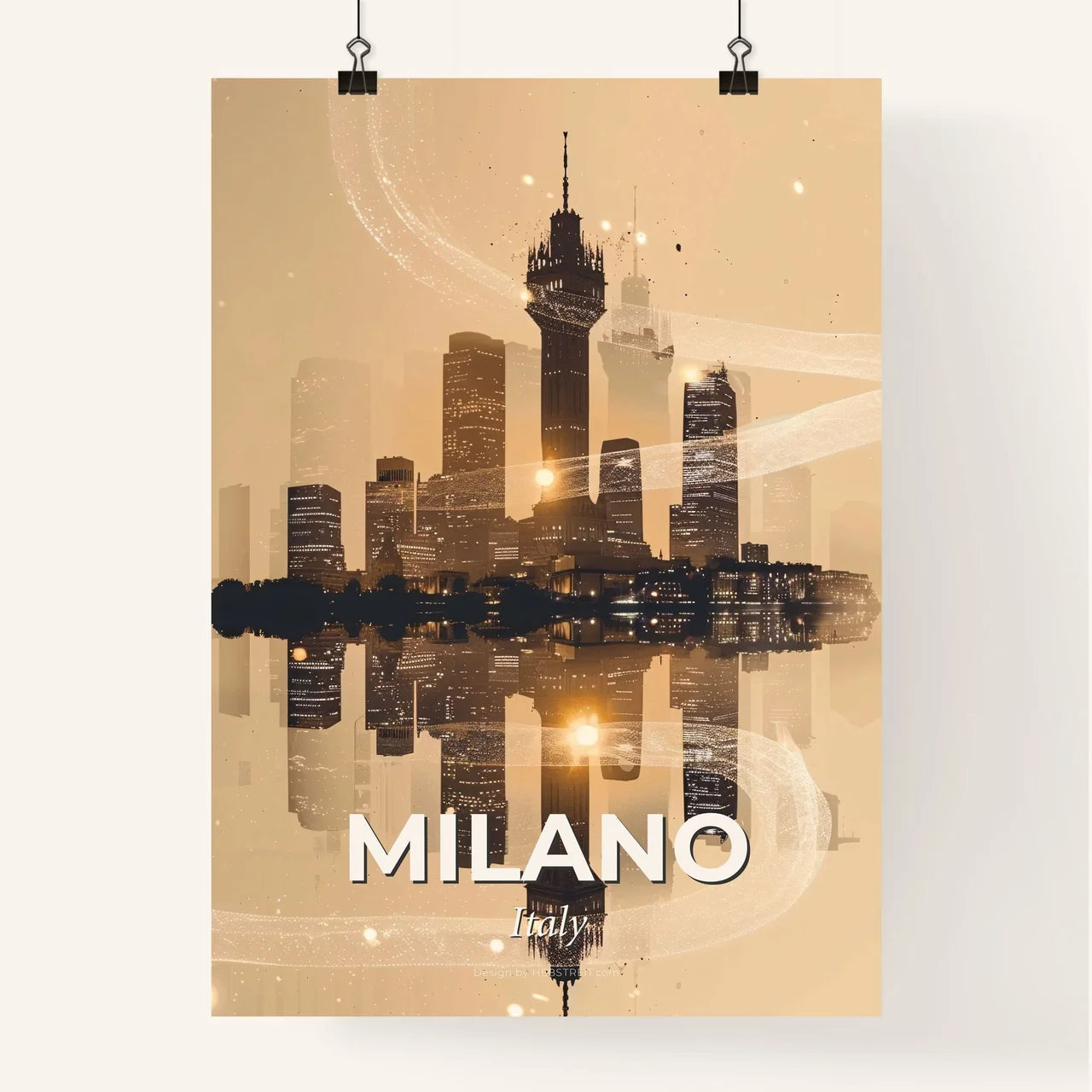 Milan Cityscape Composite Art with Glittering Sparkles Poster