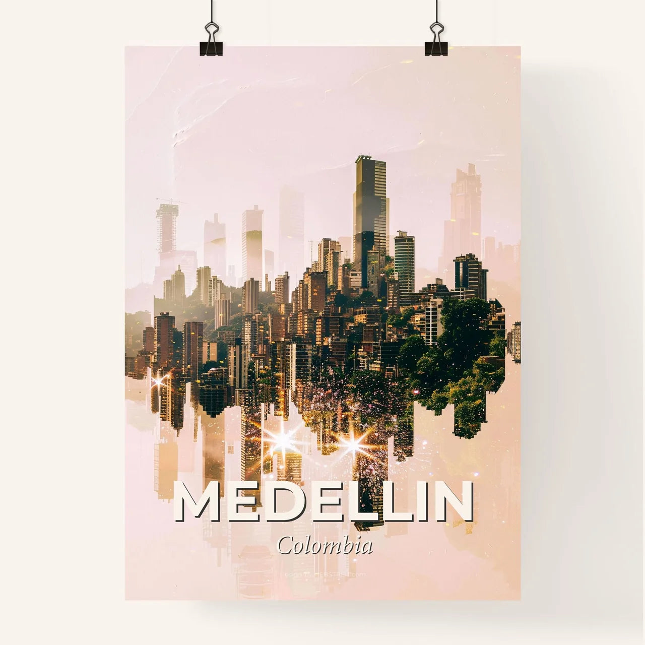 Medellin City Skyline Double Exposure Poster Art Poster