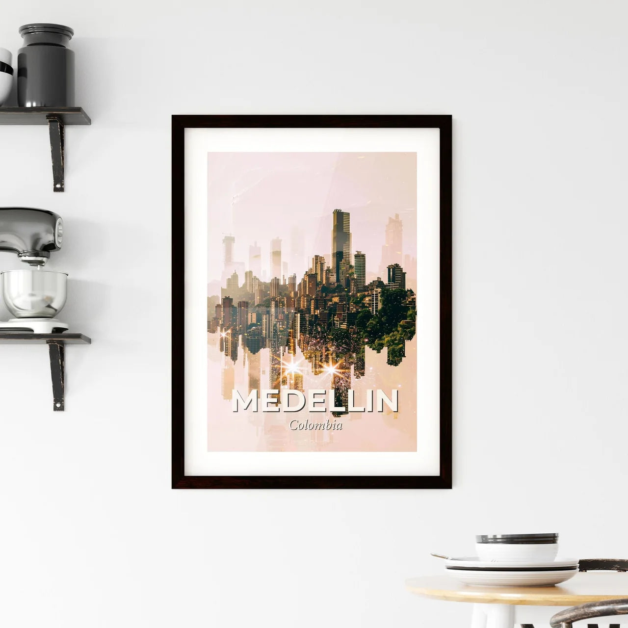 Medellin City Skyline Double Exposure Poster Art Framed Print