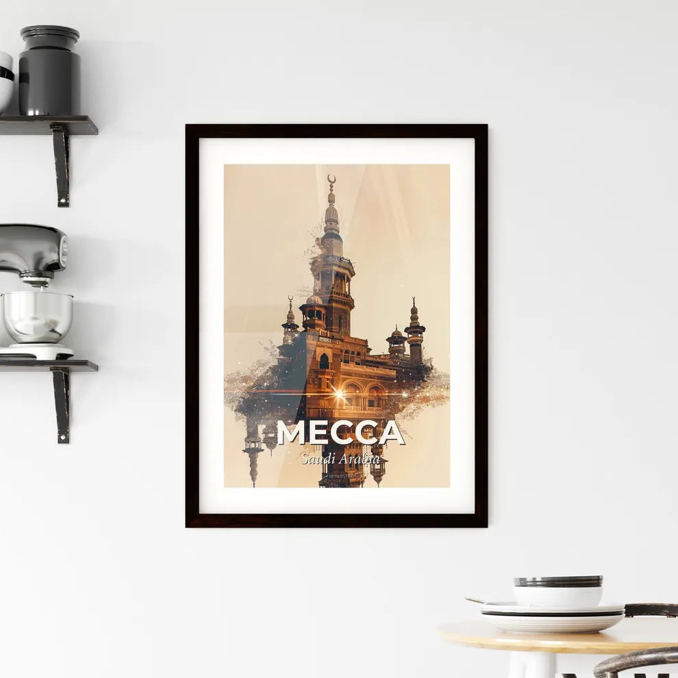 Mecca Double Exposure Art: City Lights on Beige Framed Print