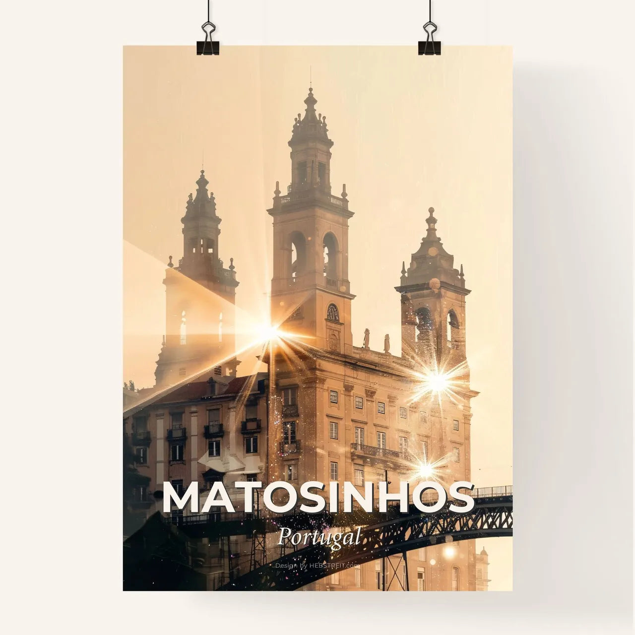 Matosinhos City Skyline Art: Double Exposure Beige Sparkles Poster