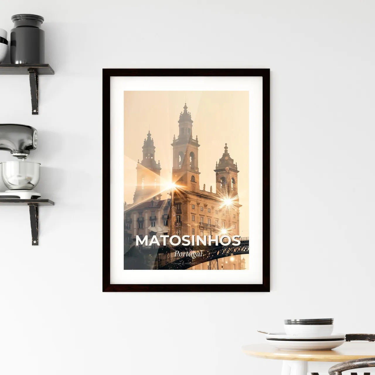 Matosinhos City Skyline Art: Double Exposure Beige Sparkles Framed Print