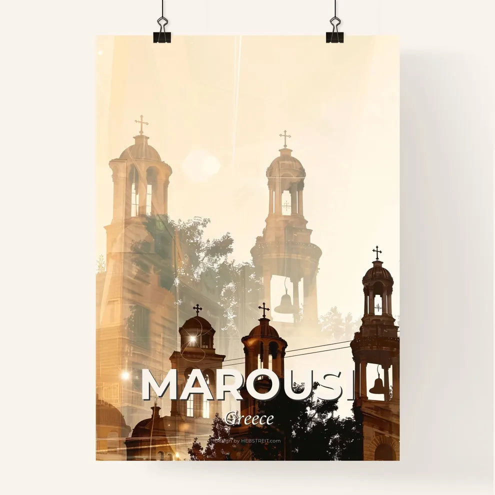 Marousi Greece Skyline Cityscape Double Exposure Silhouette Poster