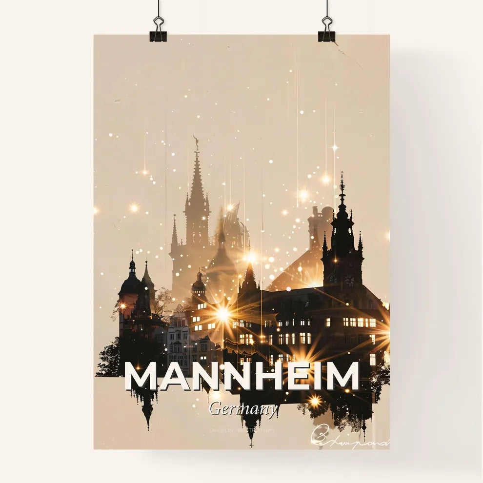 Mannheim Skyline Composite Art with Beige and Sparkle Poster