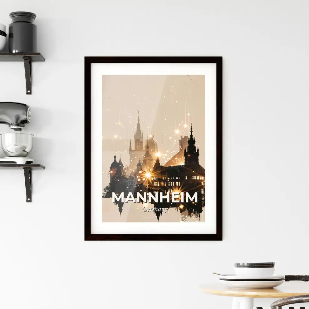 Mannheim Skyline Composite Art with Beige and Sparkle Framed Print