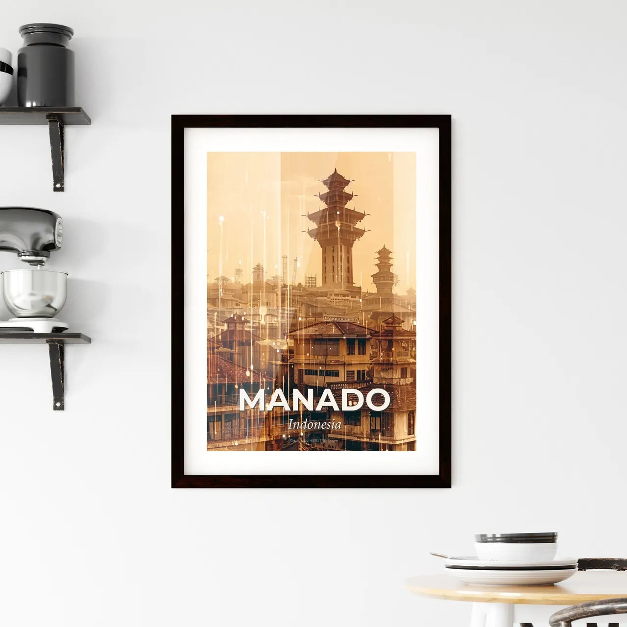 Manado Skyline Double Exposure Art Deco Poster Framed Print