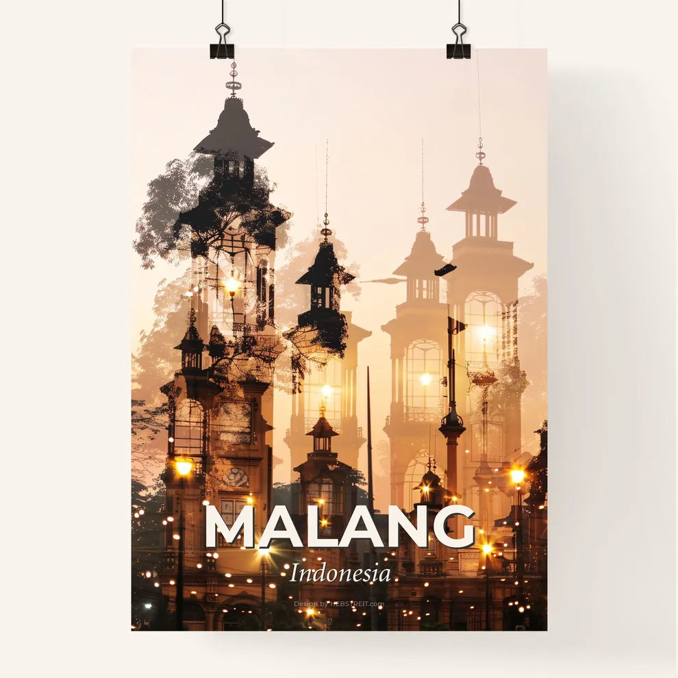 Malang City Skyline Double Exposure Art on Beige Poster