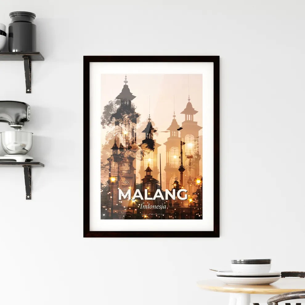 Malang City Skyline Double Exposure Art on Beige Framed Print