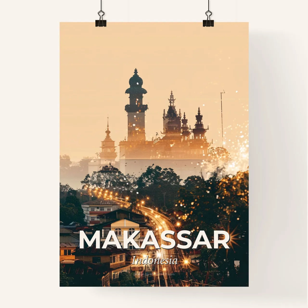 Makassar Indonesia City Skyline Double Exposure Art Poster