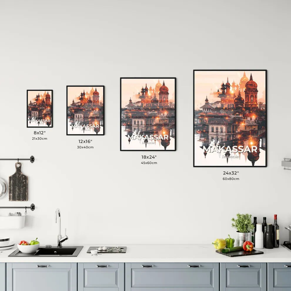 Makassar Skyline Double Exposure Beige Poster Art Office Art