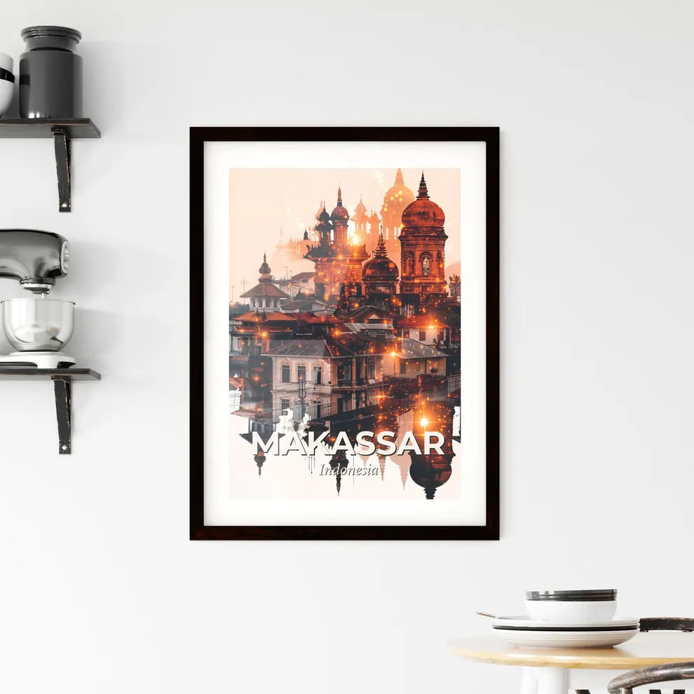 Makassar Skyline Double Exposure Beige Poster Art Framed Print