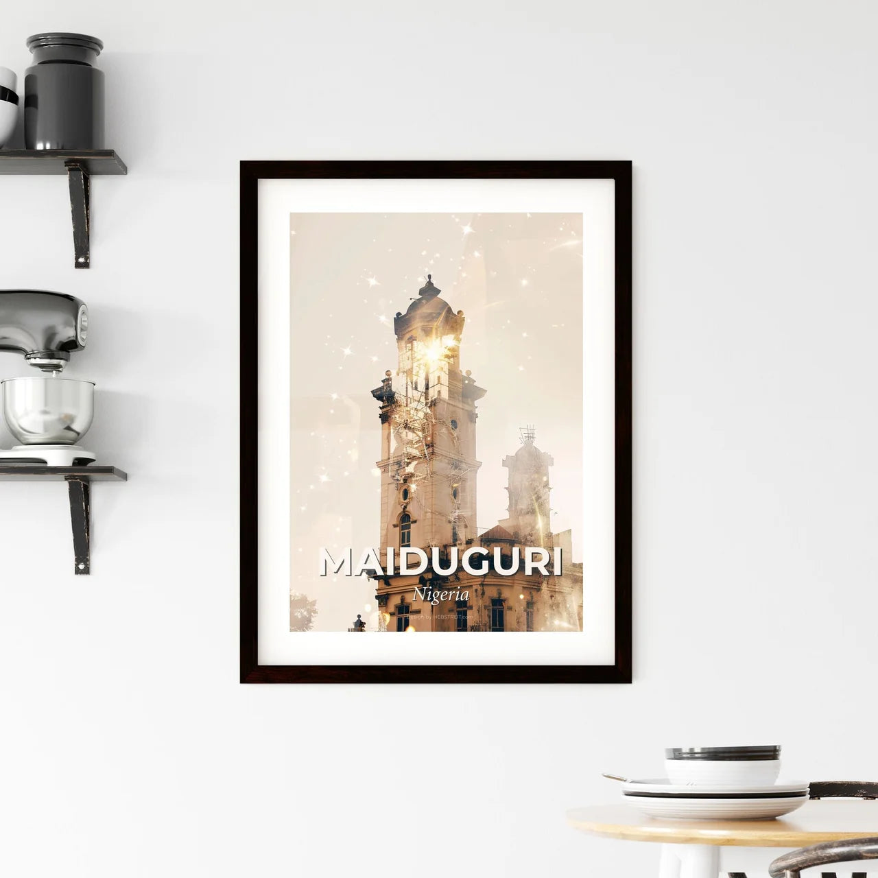 Maiduguri Skyline Night Sparkles Beige Poster Framed Print