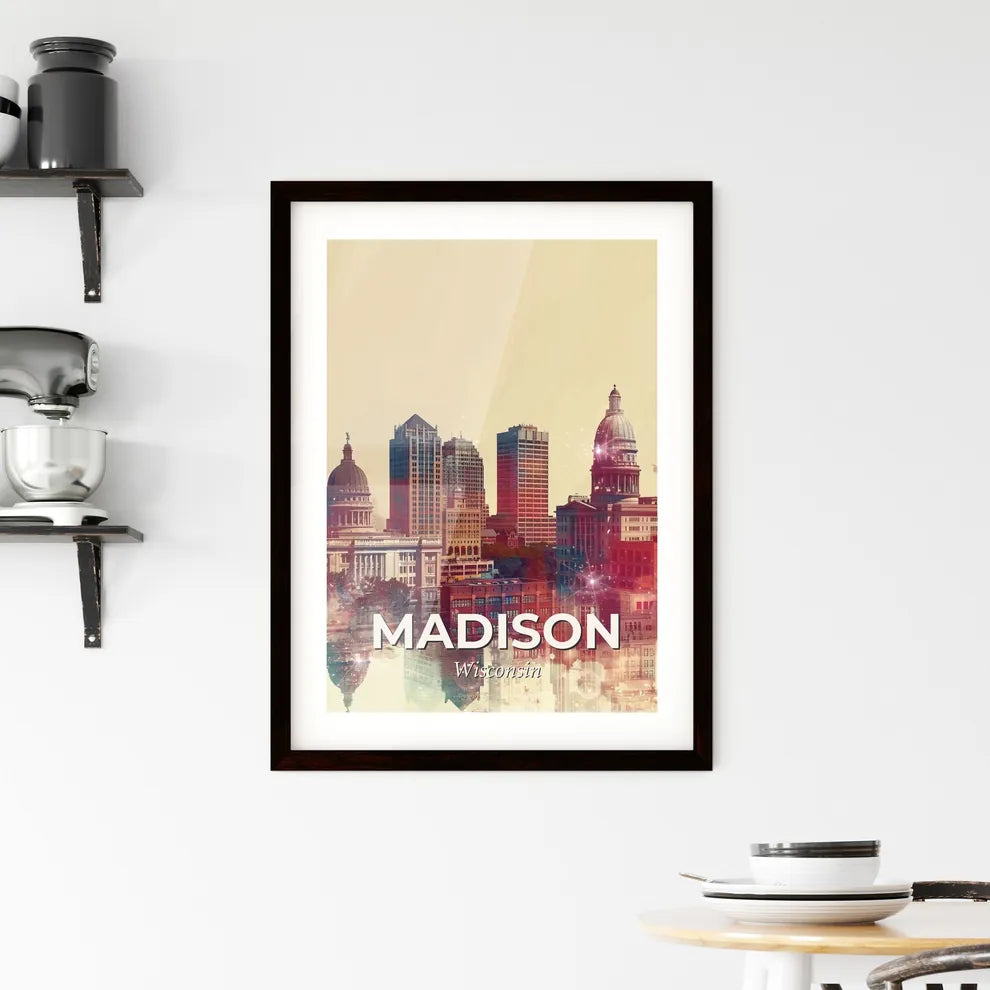 Madison Cityscape Art: Skyline Sparks in Beige Framed Print