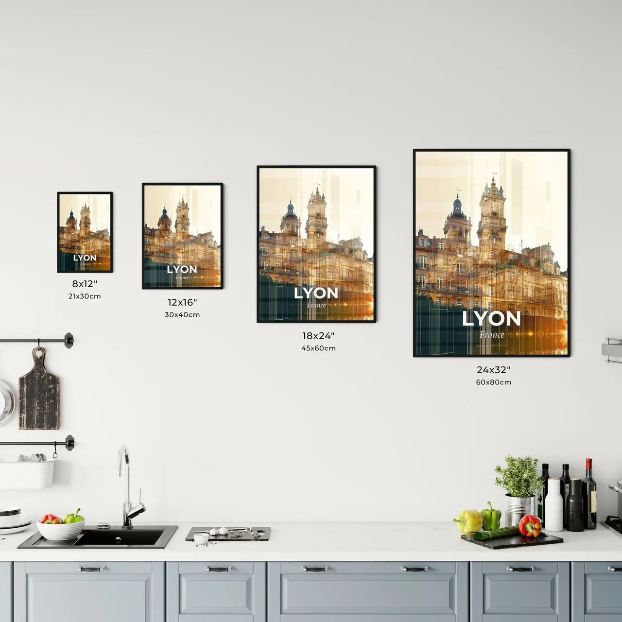 Lyon Skyline Poster: Icon Silhouette on Beige Office Art