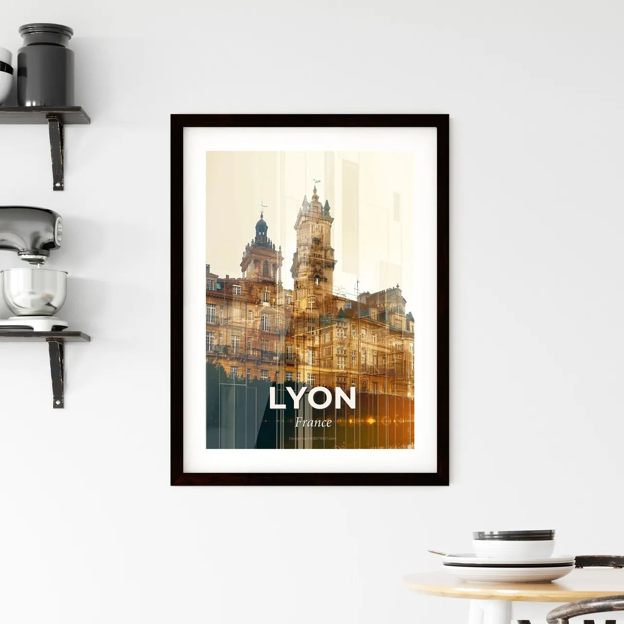 Lyon Skyline Poster: Icon Silhouette on Beige Framed Print