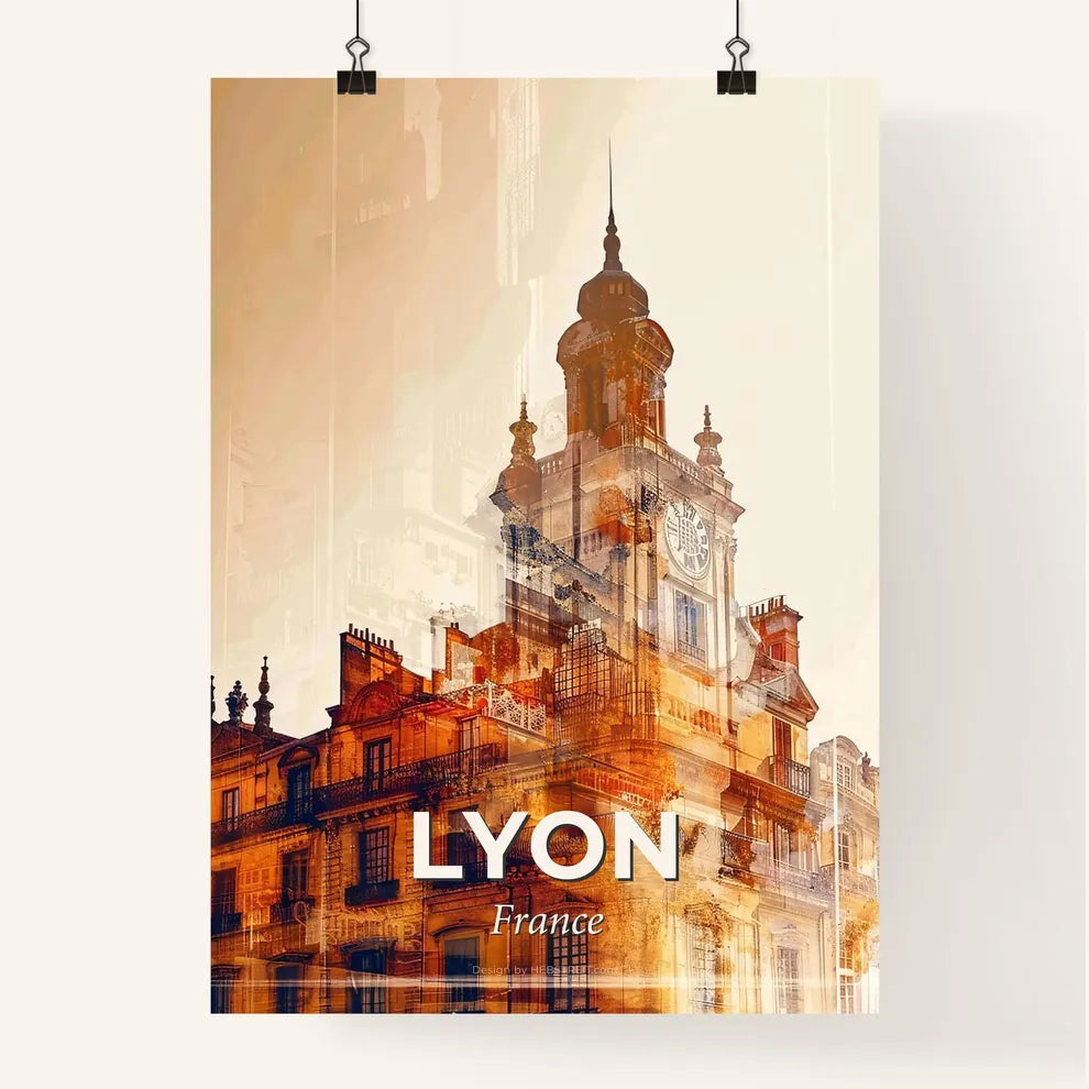 Lyon Skyline Double Exposure Silhouette Art Beige Poster Poster