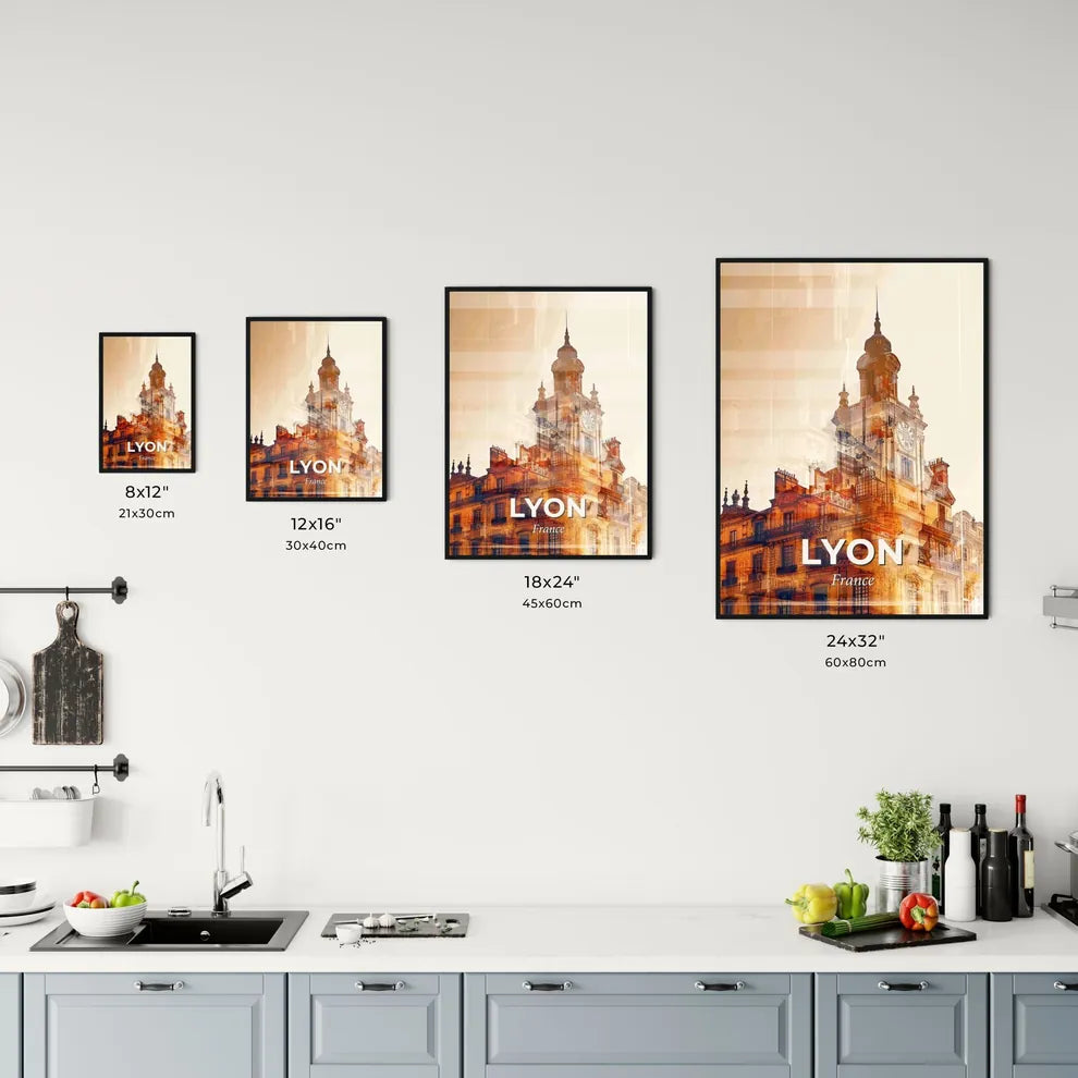 Lyon Skyline Double Exposure Silhouette Art Beige Poster Office Art