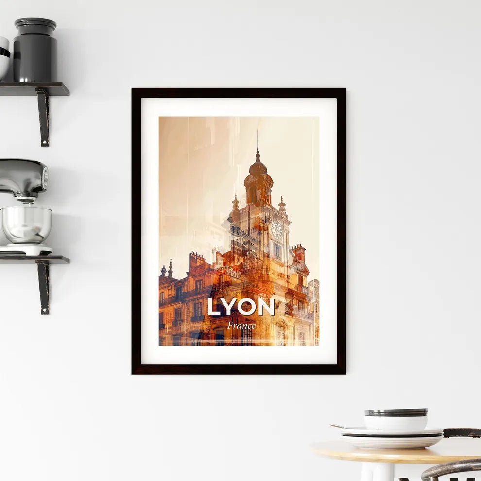 Lyon Skyline Double Exposure Silhouette Art Beige Poster Framed Print