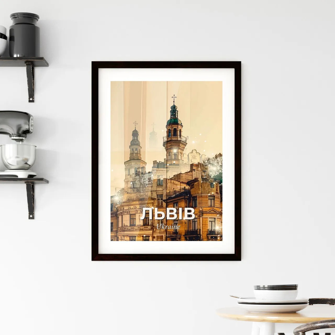 Lviv Skyline Double Exposure Art Deco Framed Print
