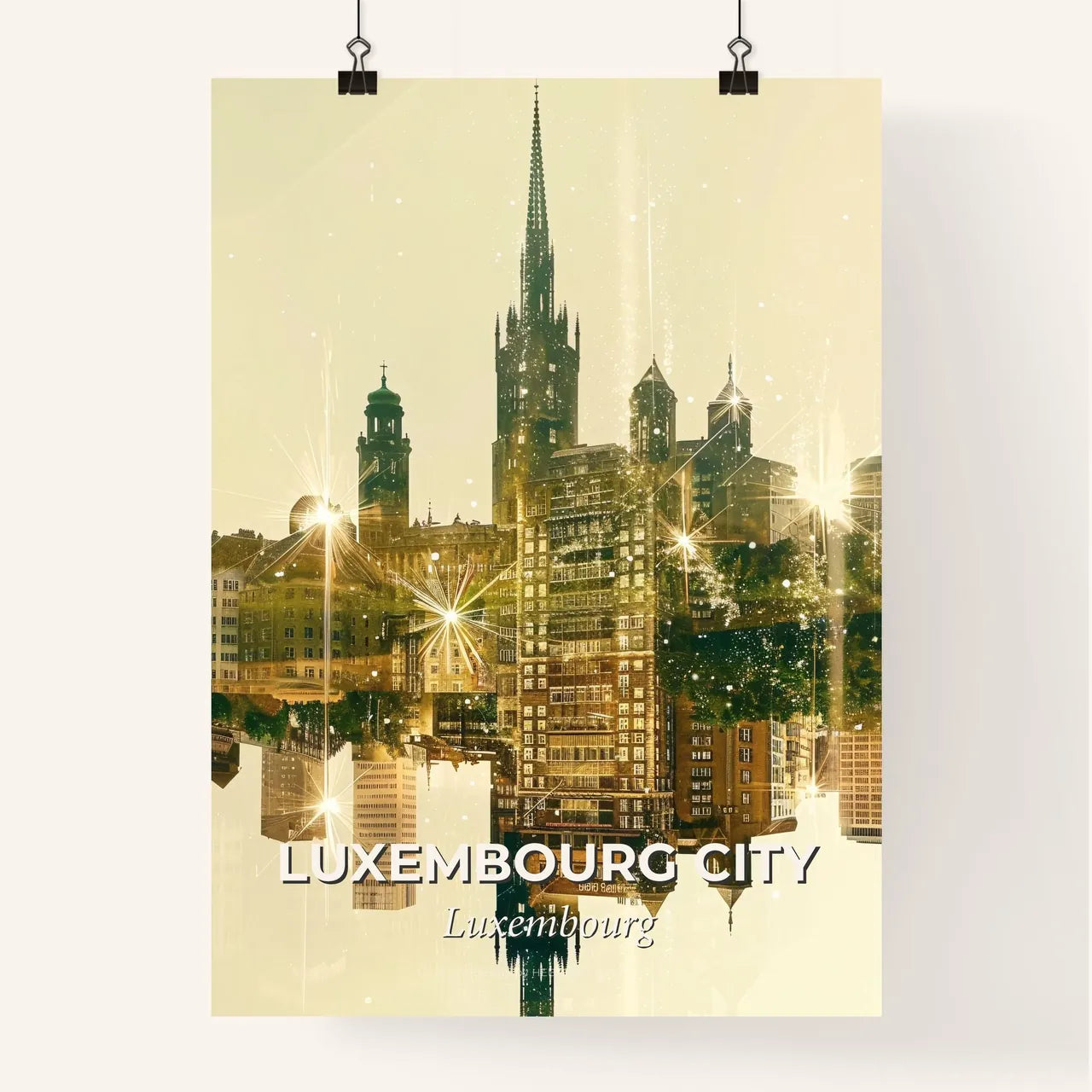 Luxembourg City Skyline Double Exposure Art Poster