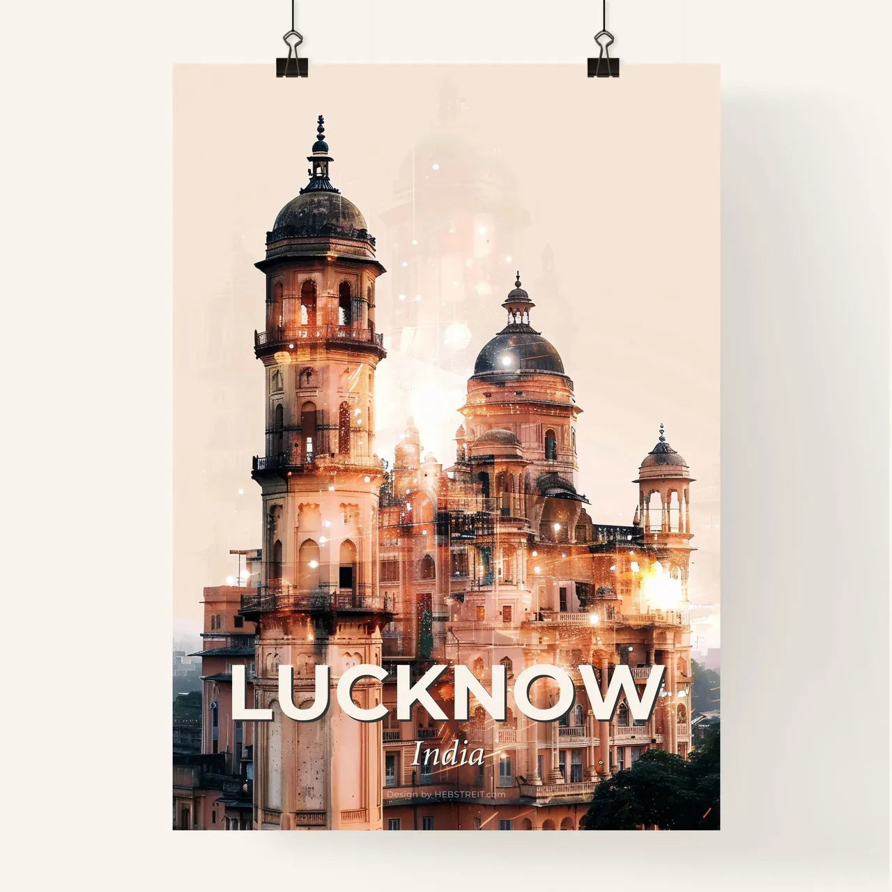 Lucknow Skyline Art: Local Icons in Beige Sparkle Poster