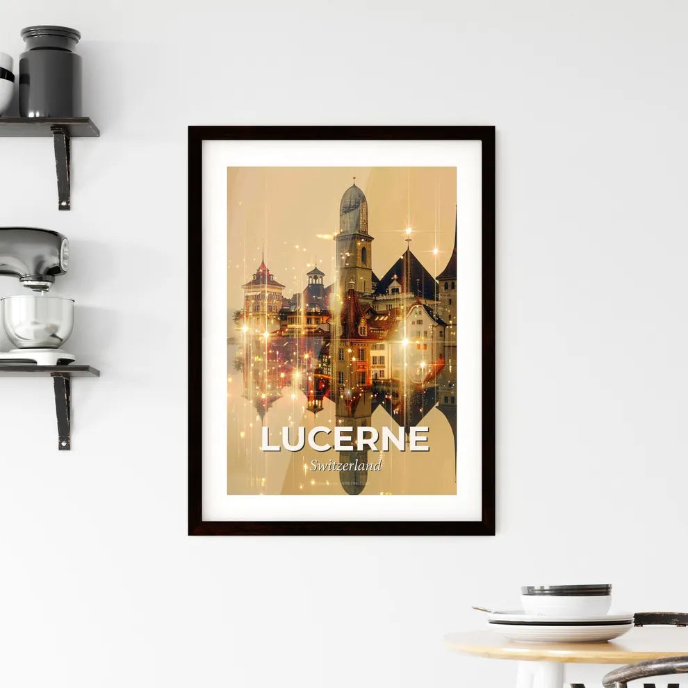 Lucerne City Skyline Double Exposure Art Framed Print