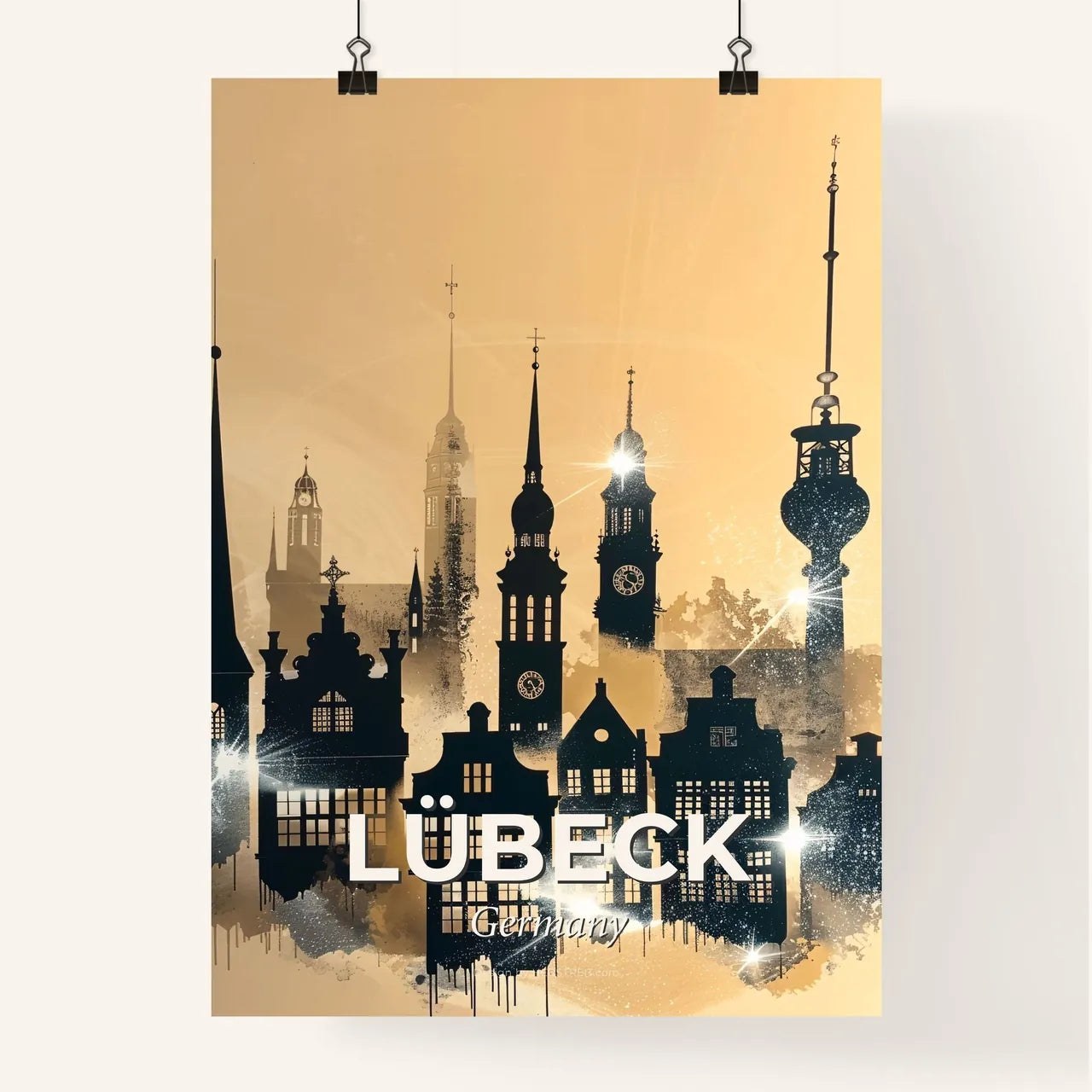 Lubeck City Skyline Double Exposure Composite Art Poster