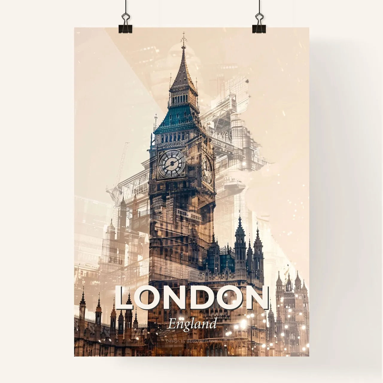 London Skyline Composite Art with Bright Beige Background Poster