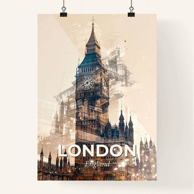London Skyline Composite Art with Bright Beige Background - A clock tower with a tower in the background