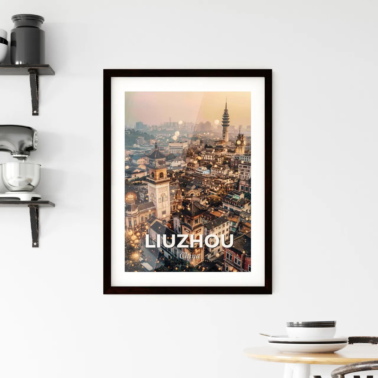 Liuzhou Skyline: Double Exposure Art Deco Poster Framed Print