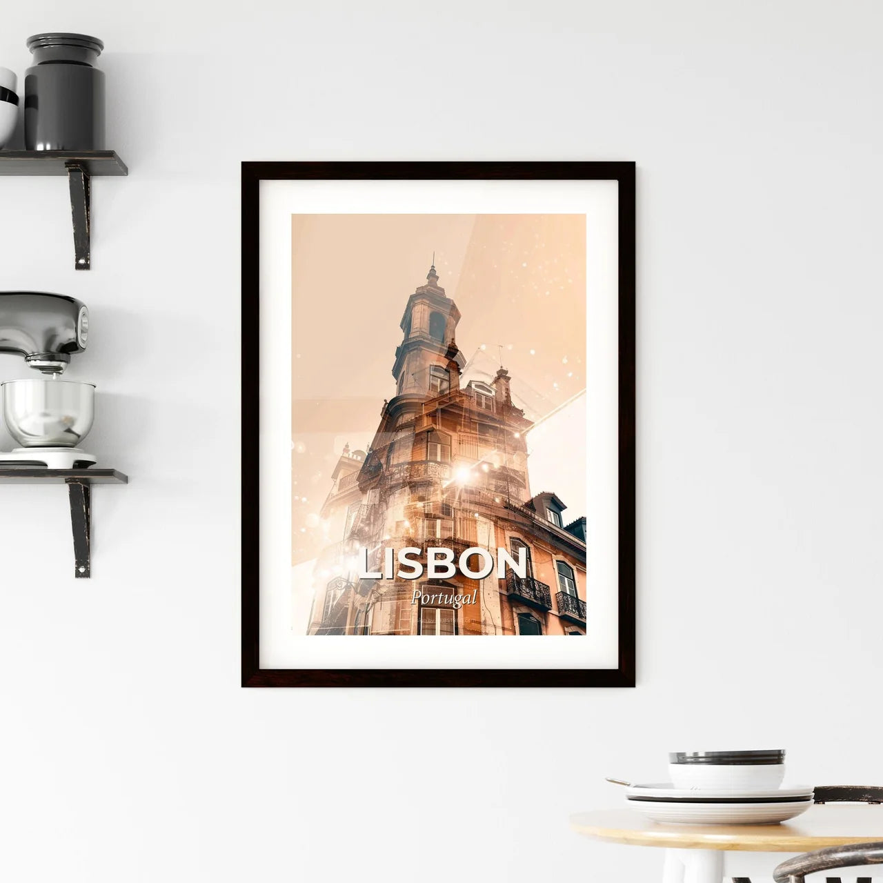Lisbon Skyline Double Exposure Cityscape Artwork Framed Print
