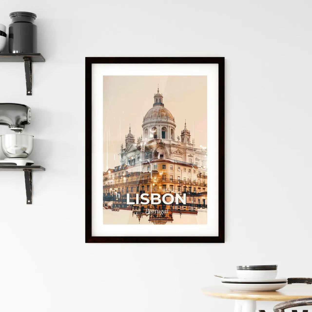 Lisbon City Skyline Double Exposure Art Poster Framed Print