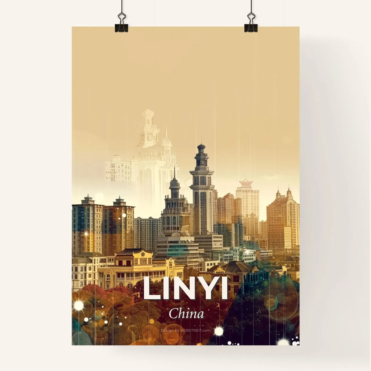 Linyi Cityscape Art: Local Icons in Double Exposure Poster