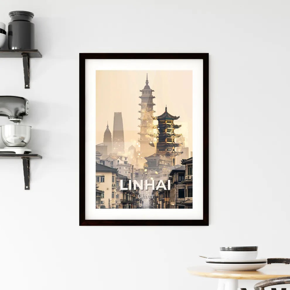Linhai China Skyline Vista Night Lights Poster Framed Print
