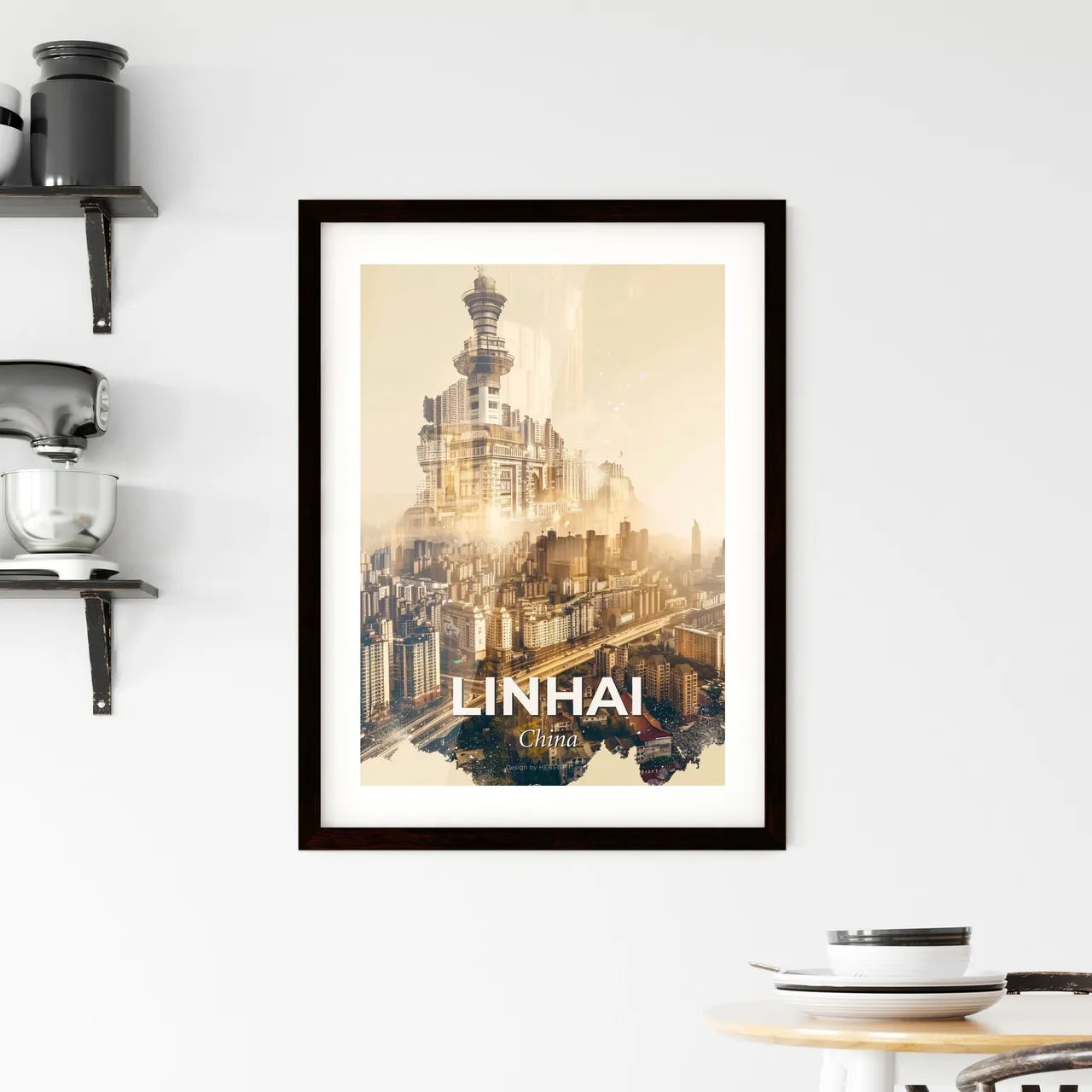 Linhai Skyline Double Exposure Art Poster Framed Print