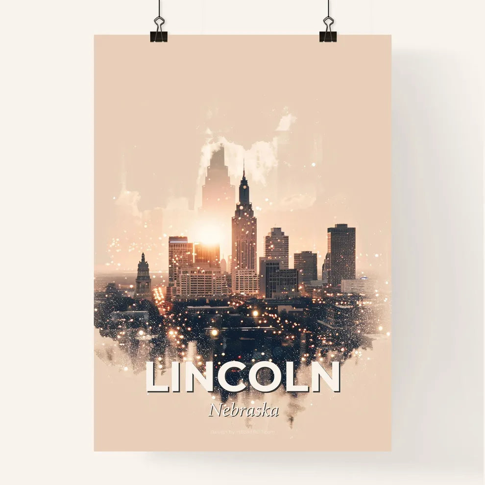 Lincoln Skyline Collage: Lights, Architecture, and Beige Poster