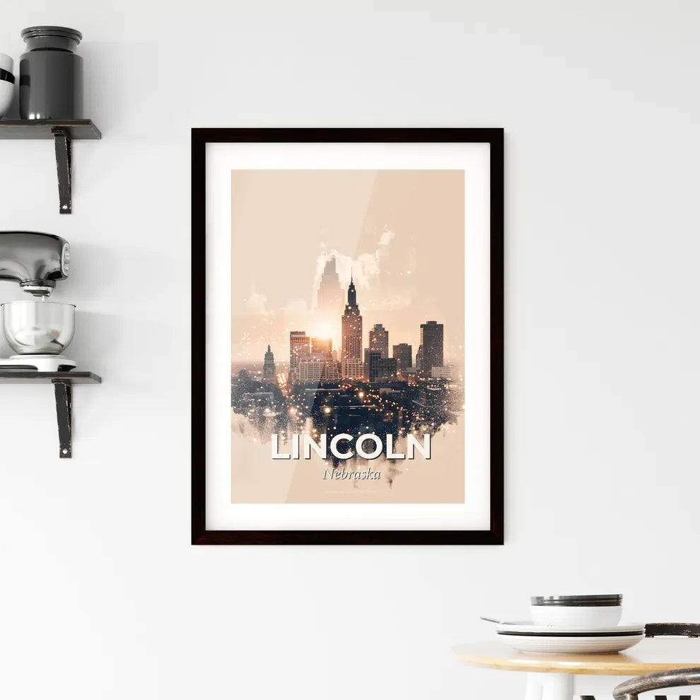 Lincoln Skyline Collage: Lights, Architecture, and Beige Framed Print
