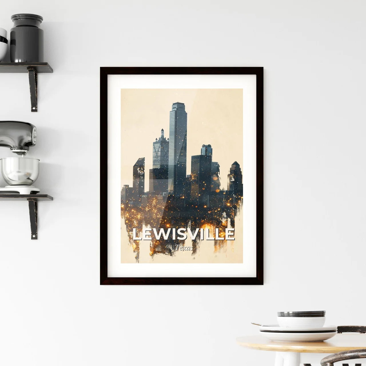 Lewisville Skyline Mosaic of Icons in Local Hues Framed Print