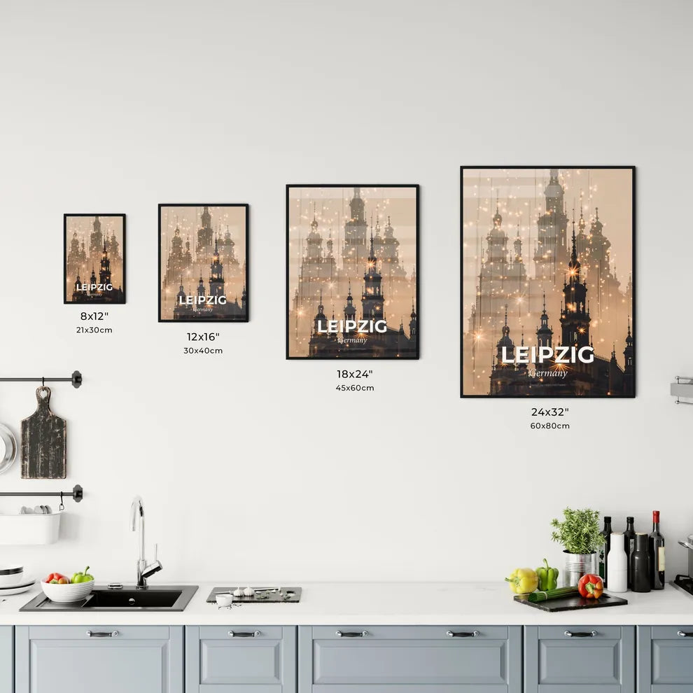 Leipzig City Skyline at Night in Beige Office Art